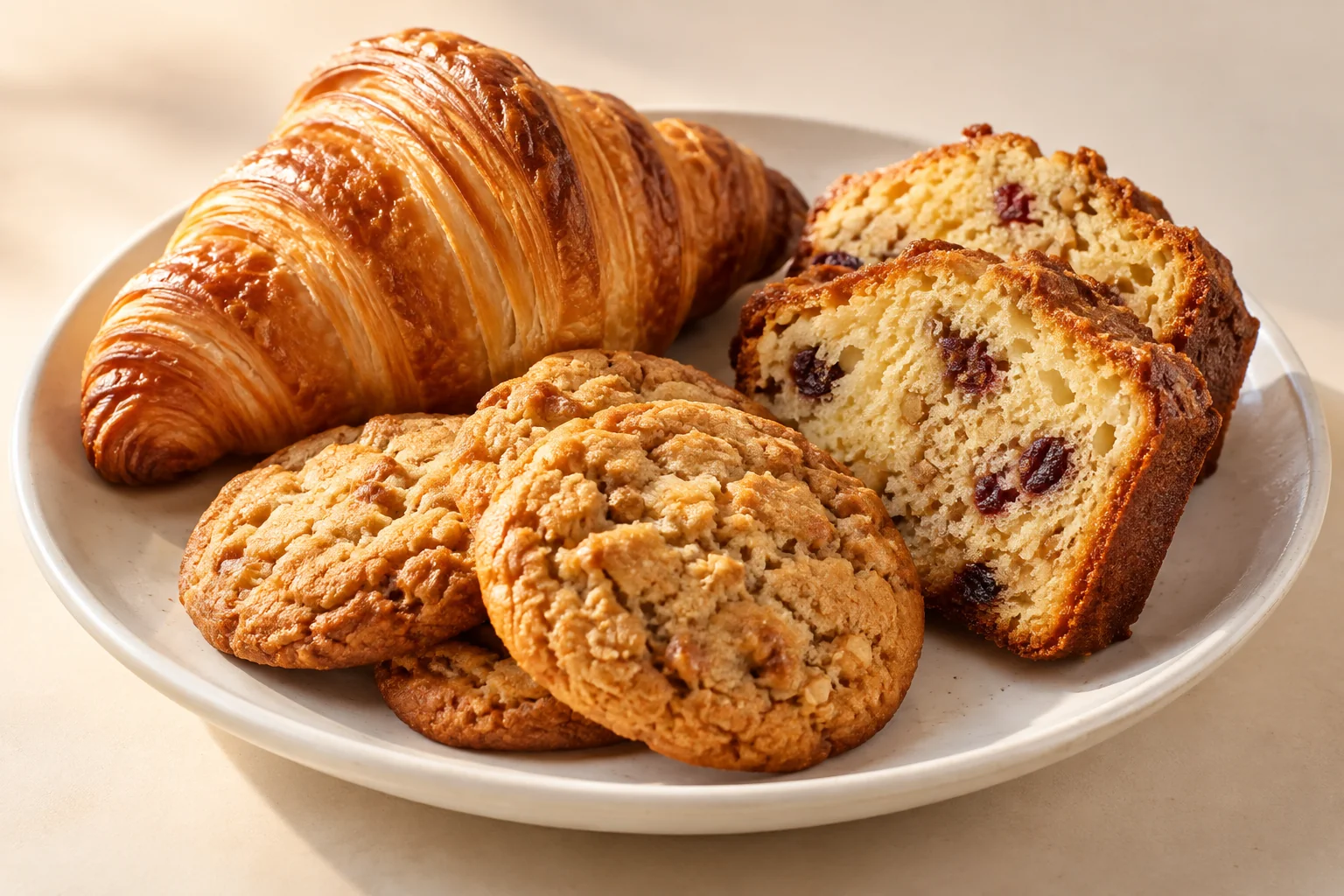 Illustrative bakery assortment of cookies, croissant and cake
