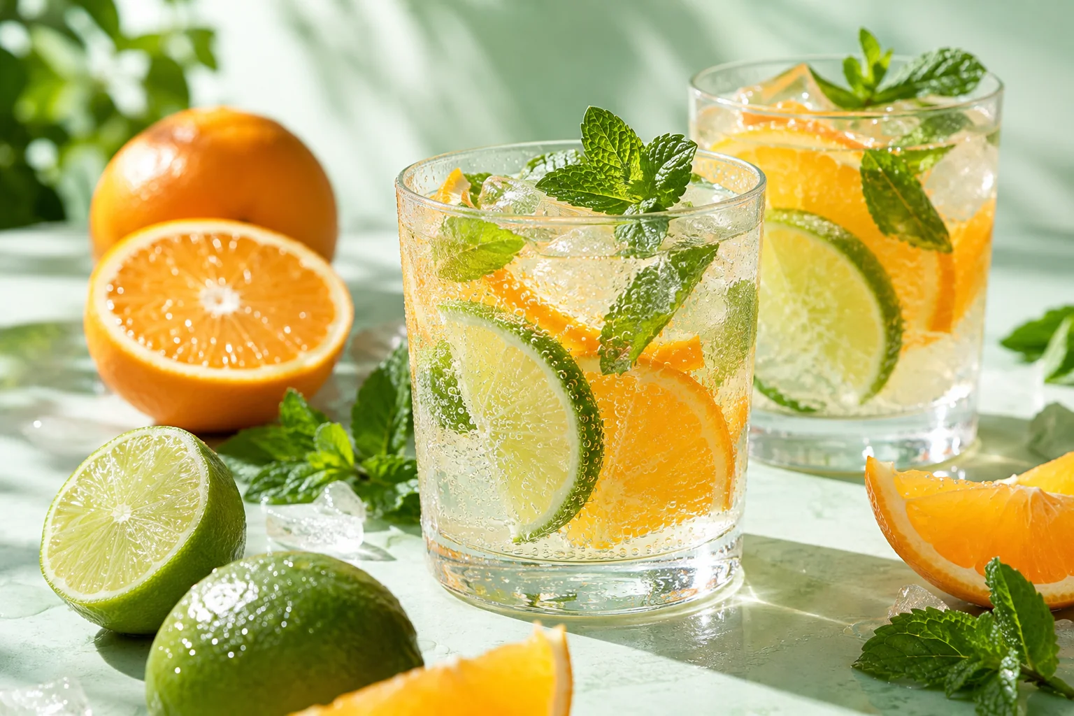 Illustrative citrus drinks with fresh fruit and mint