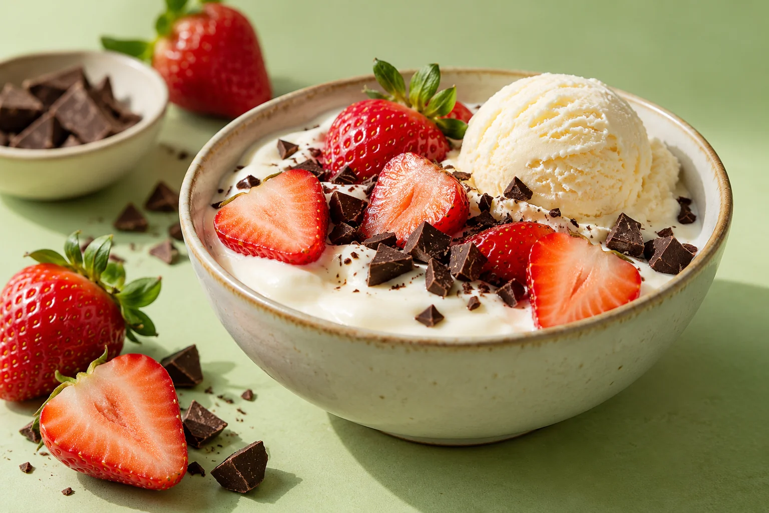 Illustrative yoghurt, strawberries, ice cream and chocolate