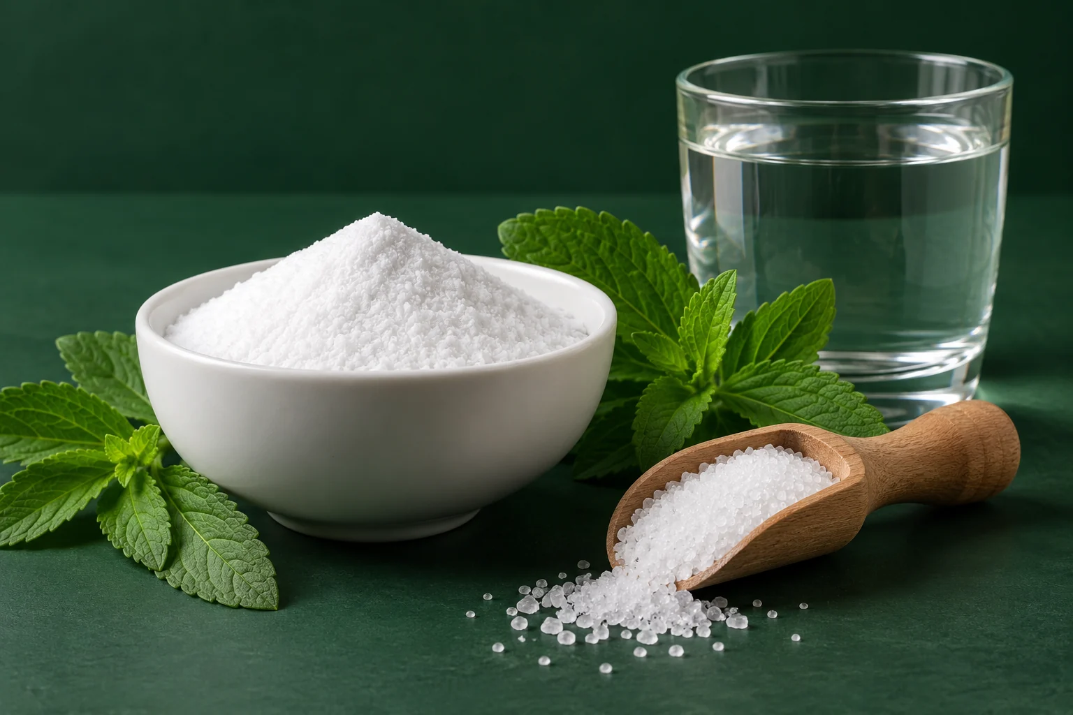 Illustrative still life of sweetener powder, crystals and fresh green leaves